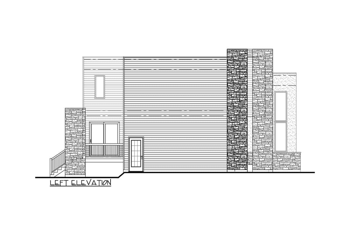 Left elevation house plan of a two-story modern home with horizontal siding and stone accents.