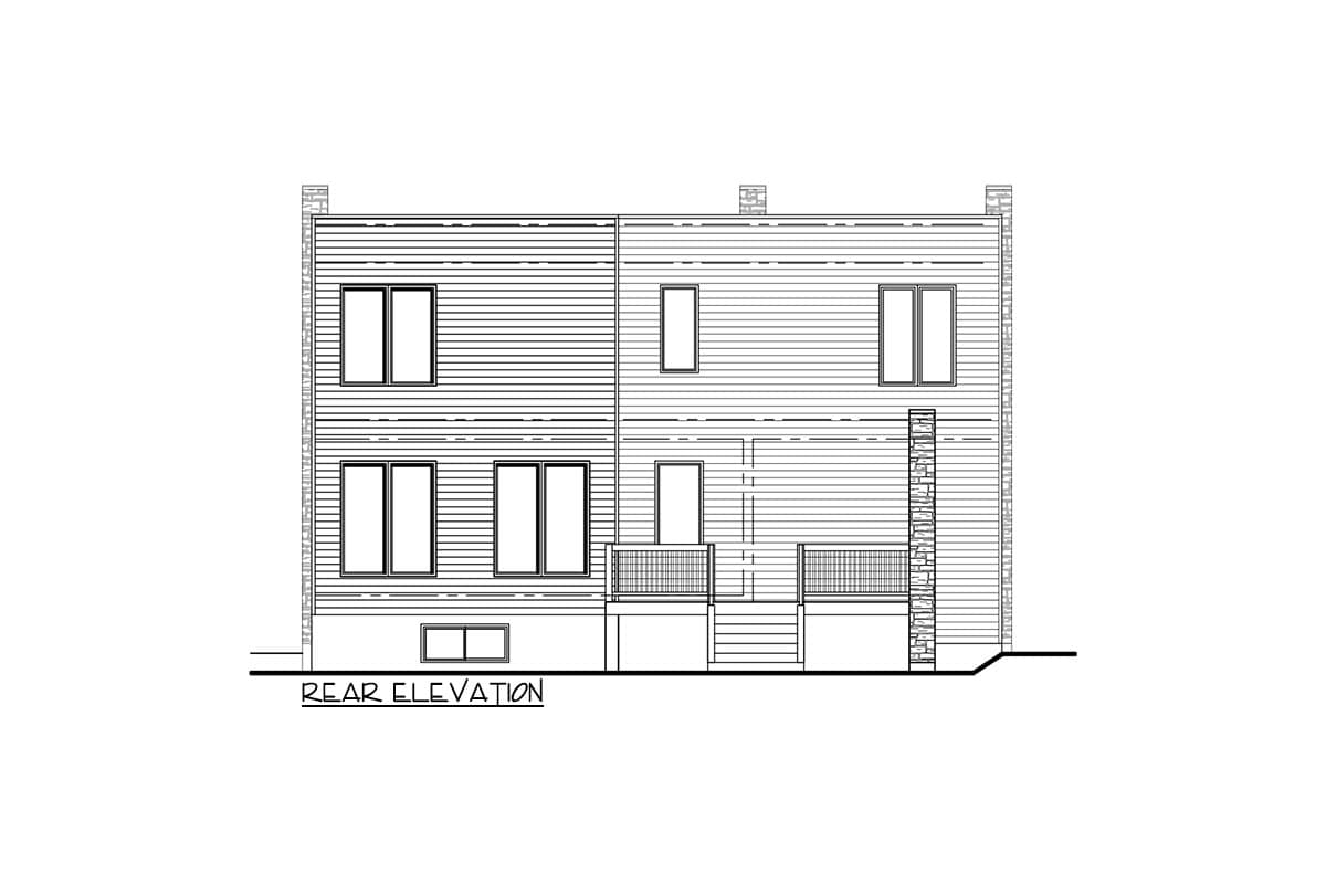 Rear elevation house plan showing two stories, horizontal siding, multiple windows, a deck, and stone accents.