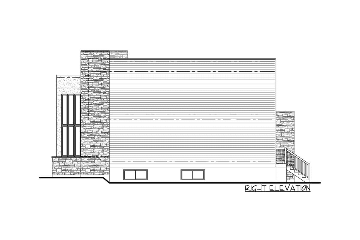 Right elevation drawing of a house plan with horizontal siding, stone accents, and a multi-pane window.