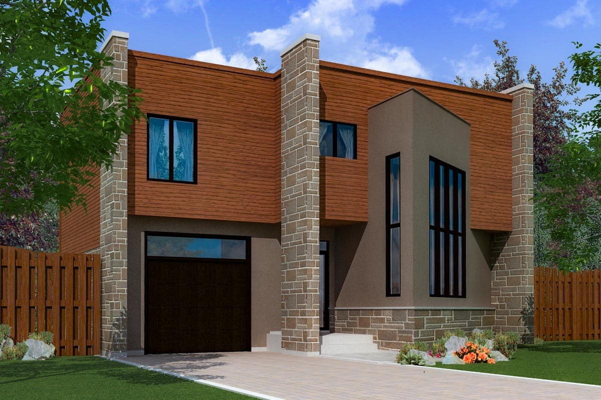 House plan exterior with two stories. Features include a modern style, brick and wood siding, a flat roof, and an attached garage.