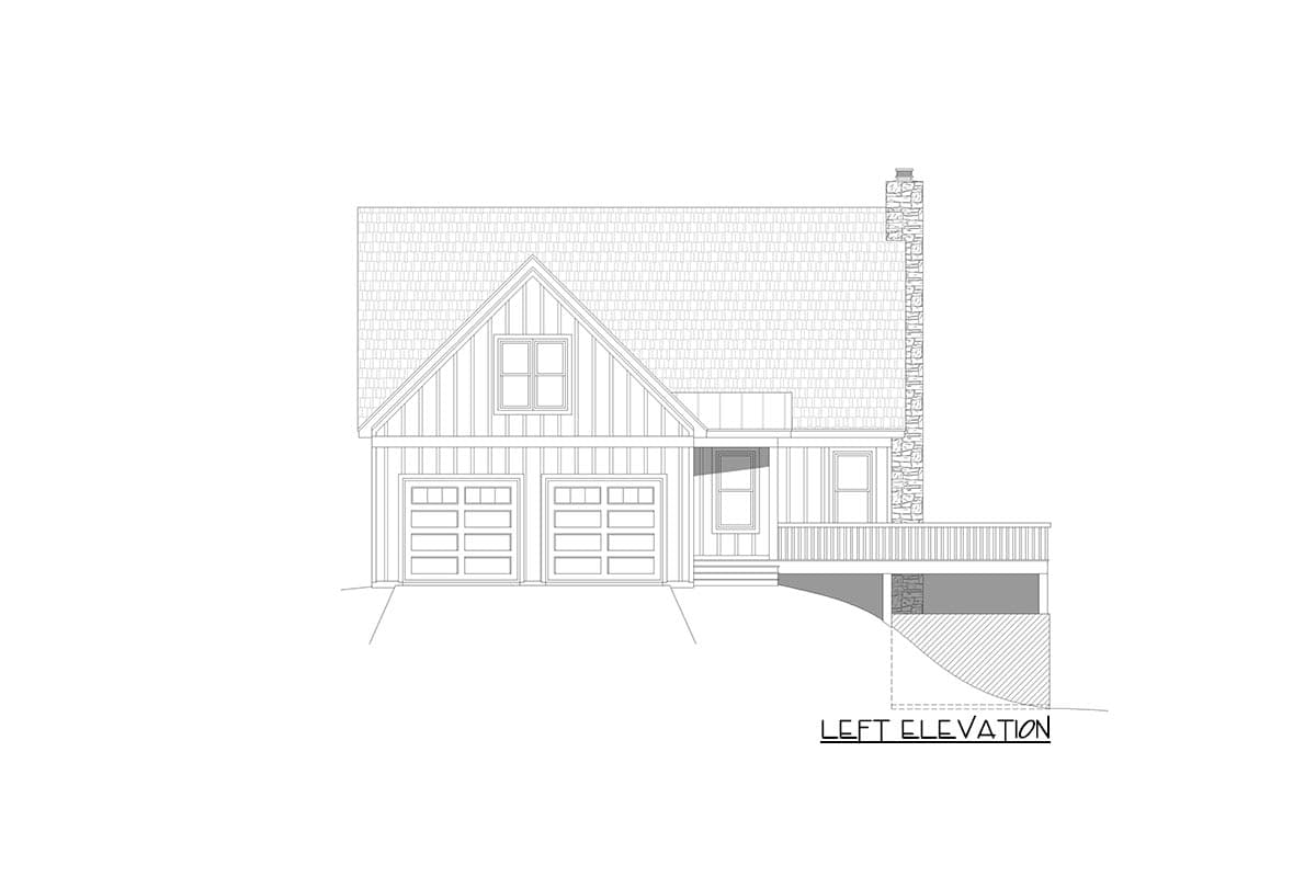 Left elevation house plan featuring a prominent gable, twin garage doors, a covered porch, and a stone chimney.
