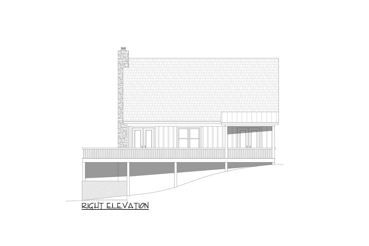 Right elevation house plan showing a stone chimney, deck, and covered porch.