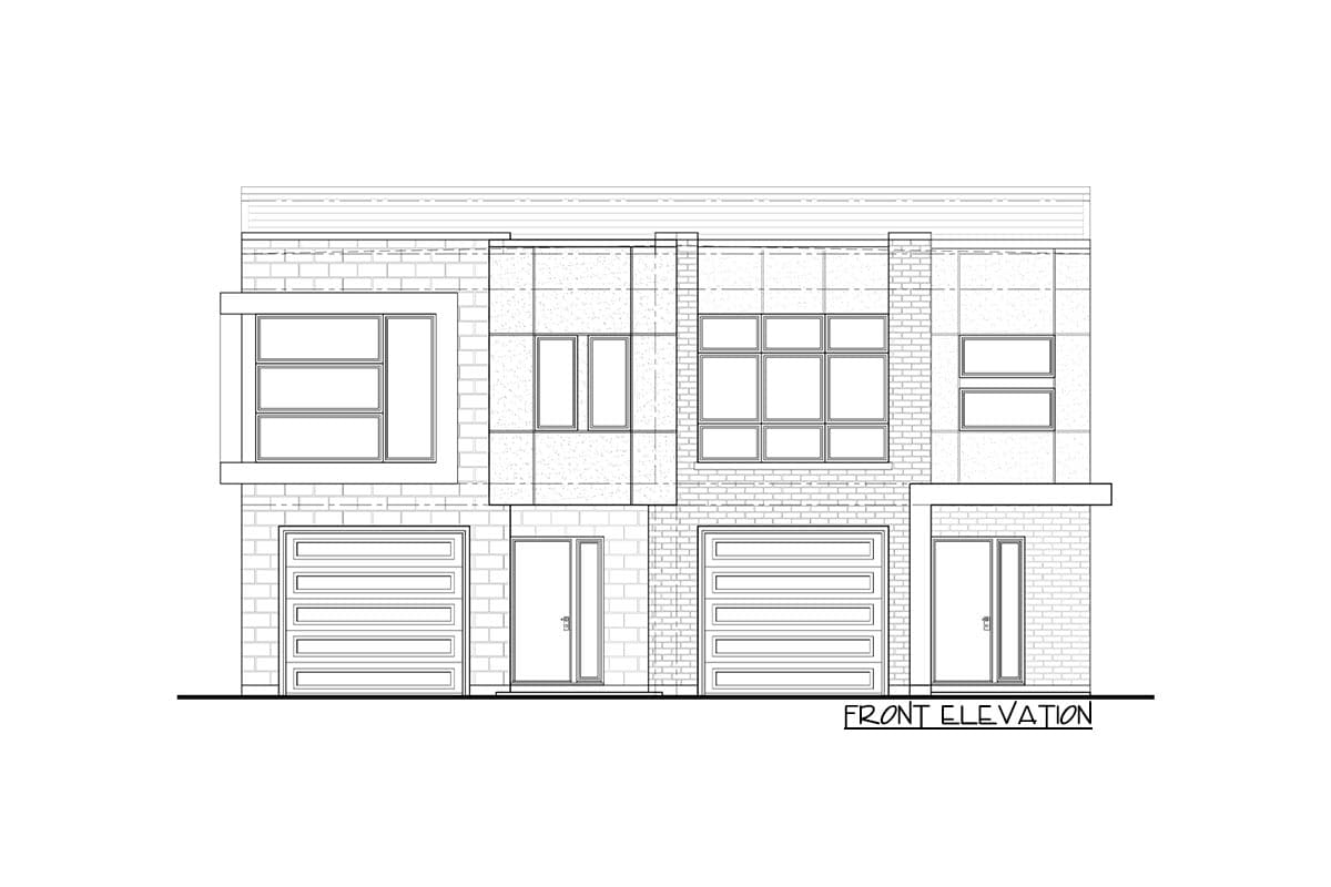 Front elevation drawing of a two-story house plan with two garages, two front doors, and varied window styles.