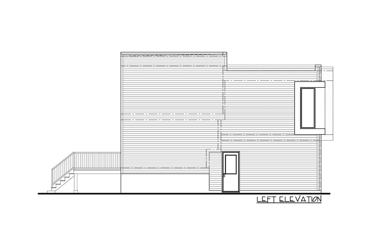 Left elevation of a house plan showing a multi-level structure with horizontal siding, a deck with stairs, and a projecting window.