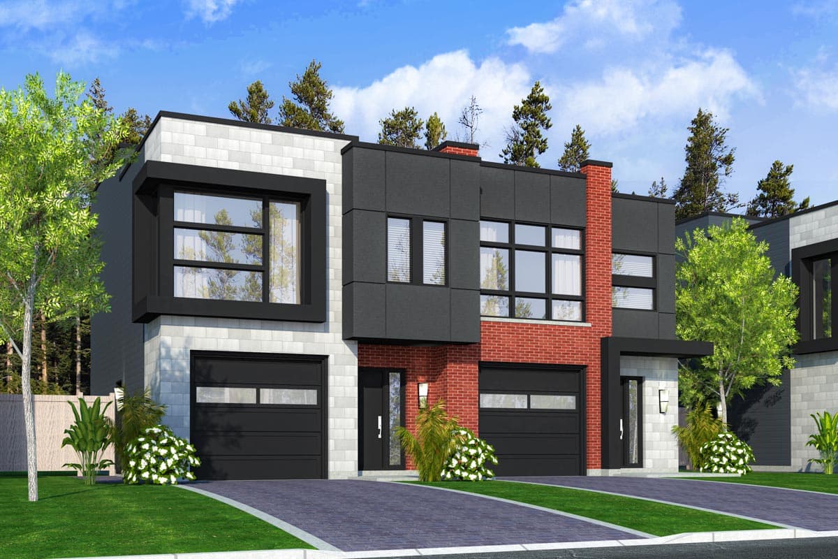 Modern house plan exterior with two stories. Features include a flat roof, brick accent, large windows, and attached garages.