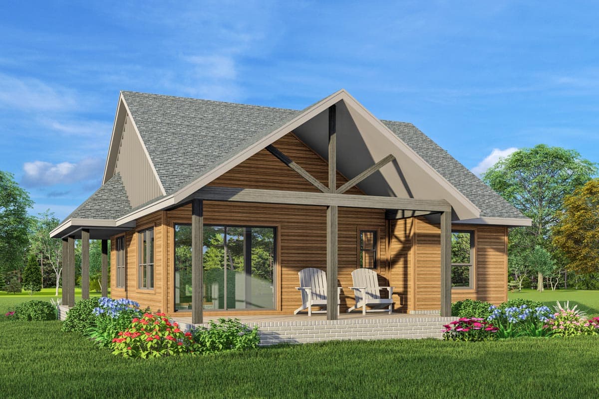 House plan exterior, one story, wooden siding, gabled roof with exposed beams, covered porch with chairs.