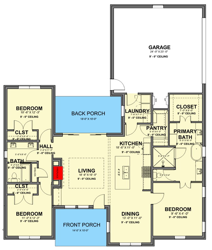 Plan 380001ASH: 1965 Square Foot 2-Bed 2-Bath House Plan with Open Floor Plan - Floor Plan - Main Level - Country, Hill Country, Ranch, Rustic