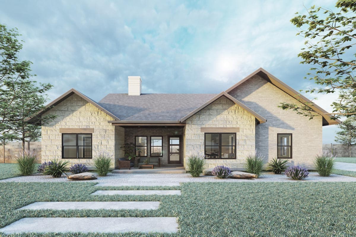 House plan exterior with stone veneer, single story, and multiple gables. Features include a covered porch, multiple windows, and a chimney.