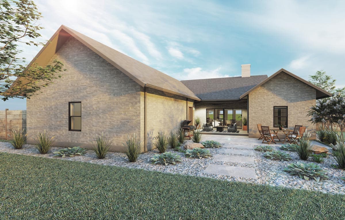 House plan exterior with stone brick facade, gabled roof, and back patio with seating and dining areas.