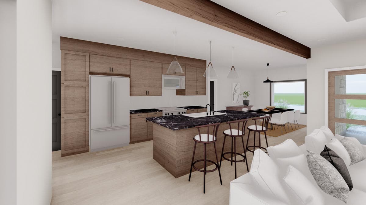 Modern kitchen and dining area with wood cabinets, island, seating, and large window.