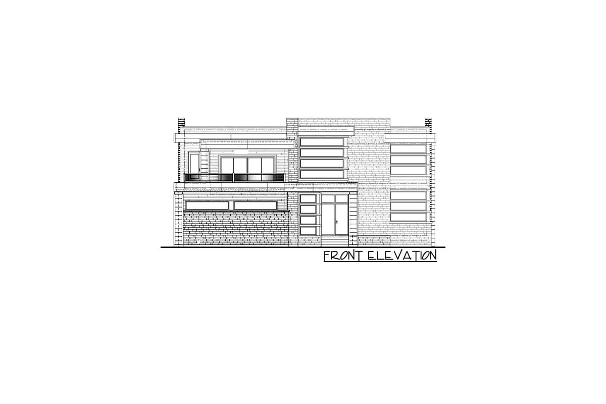 Front elevation drawing of a modern two-story house with brick exterior, large windows, and a central entrance.