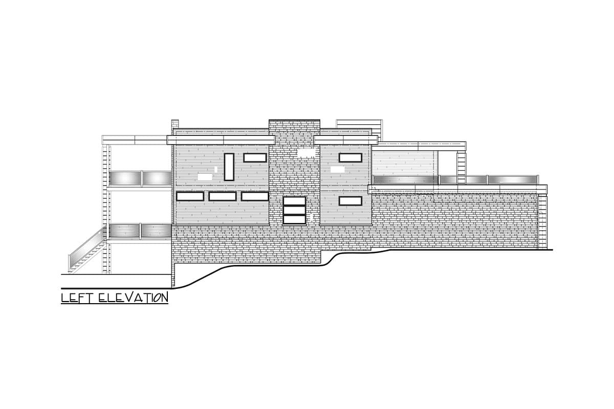 Left elevation drawing of a modern house plan with multiple levels, brick base, wood siding, and horizontal windows.