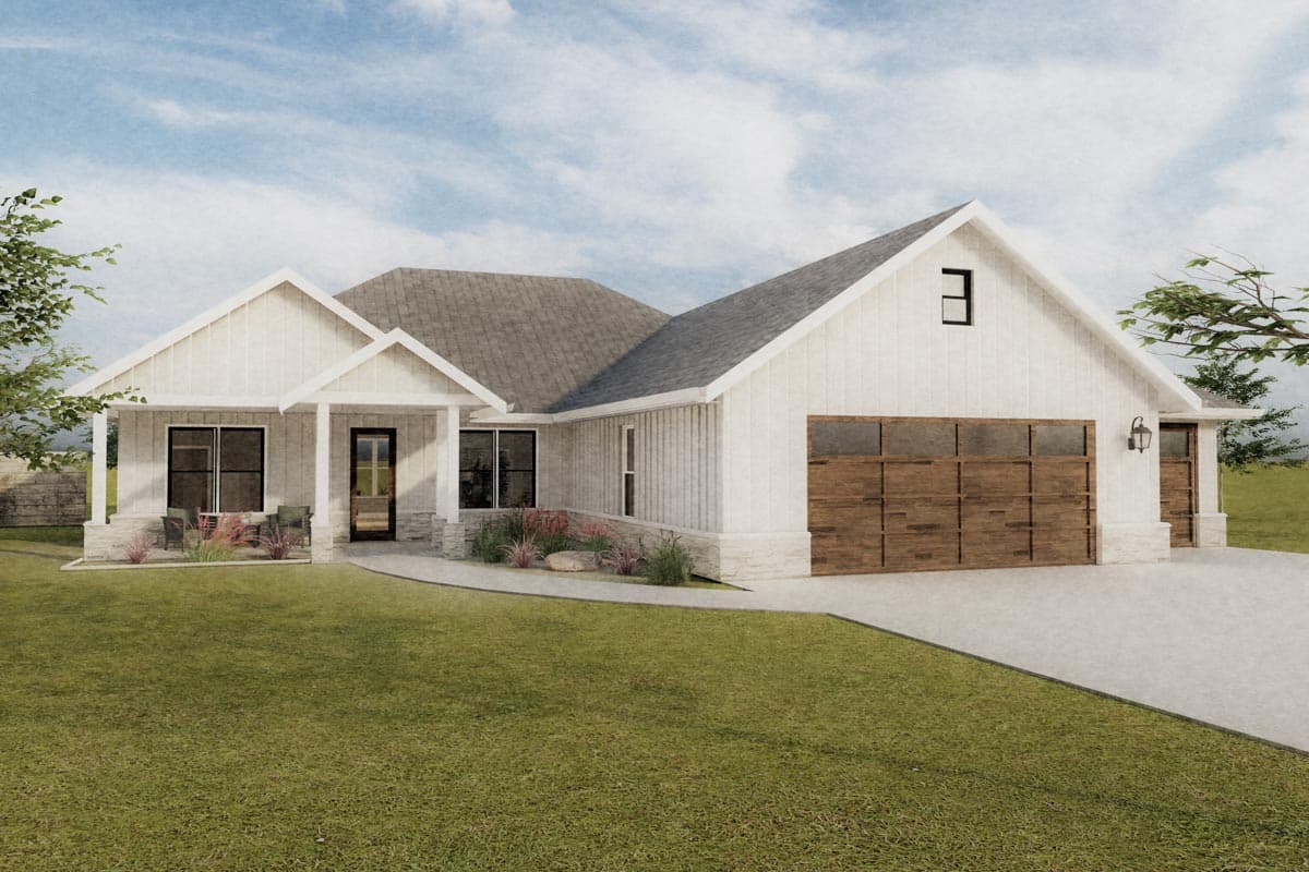 House plan exterior. Modern farmhouse style with gabled roof, front porch, and attached garage. Includes a dormer window above the garage.