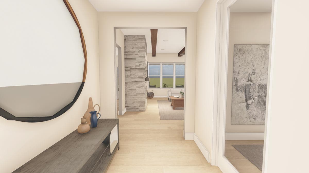 Hallway rendering with stone fireplace, wooden beams, and view into living room with large windows.