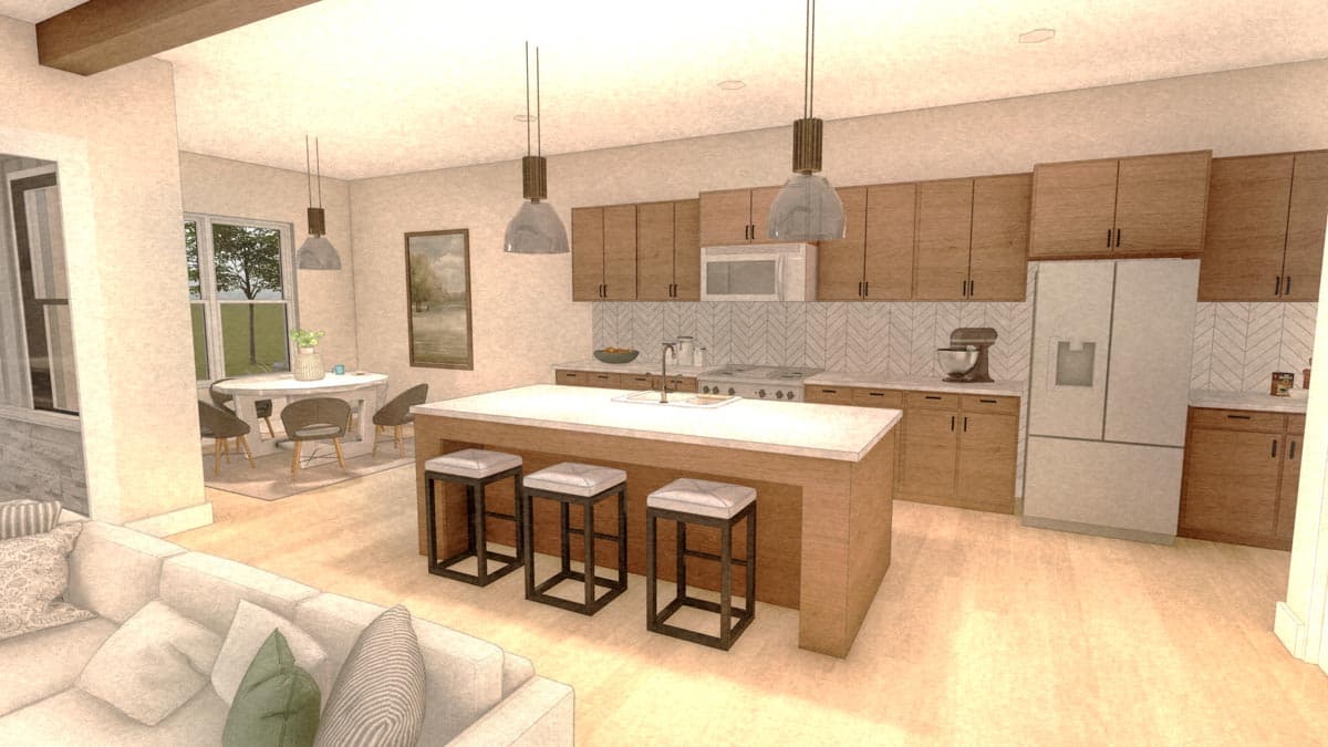 Interior rendering of an open-concept kitchen with island seating, wood cabinetry, and dining area.