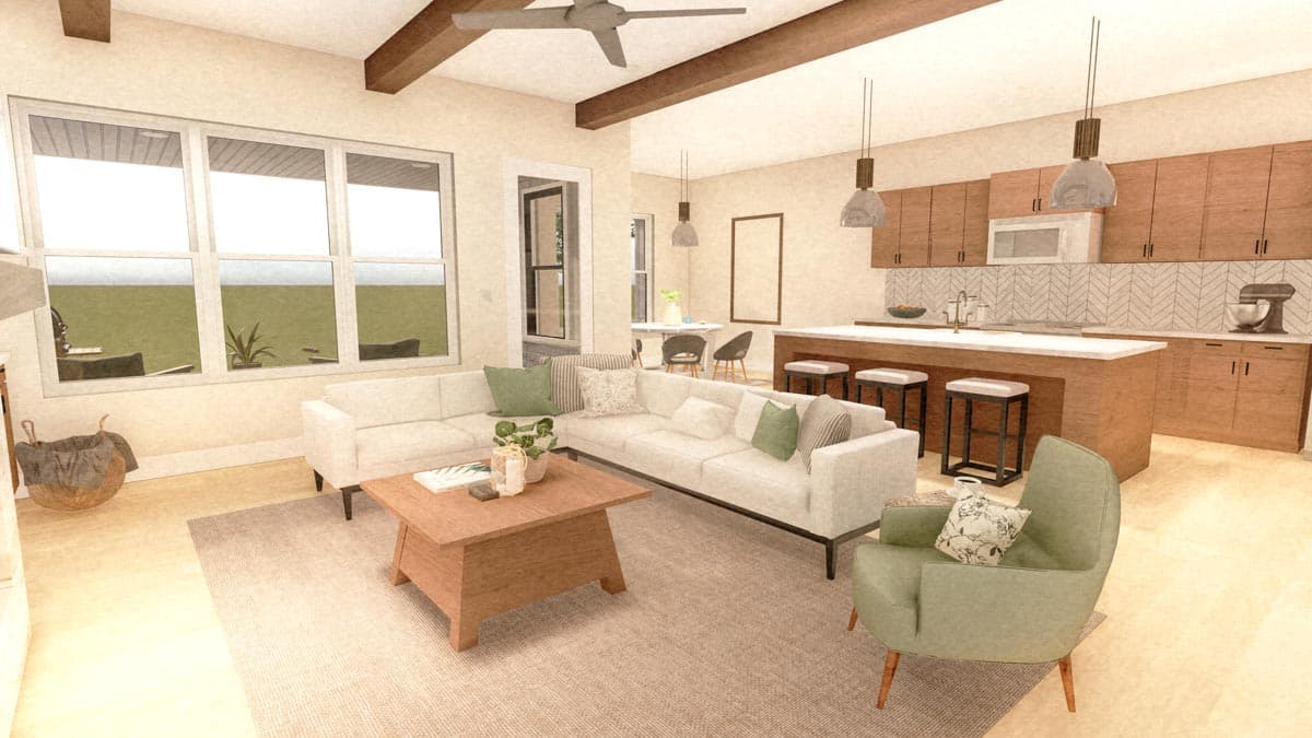Interior rendering of a living room and kitchen with white sectional, wood ceiling beams, island seating, and modern cabinetry.
