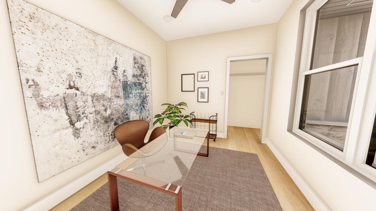 Office rendering with glass desk, brown chair, abstract art, plant, and open closet.