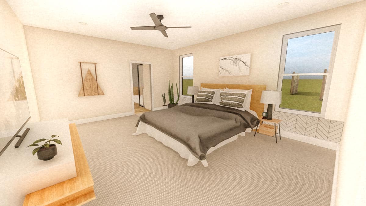 Primary bedroom rendering with a king bed, ceiling fan, and large windows. Opens to a bathroom.