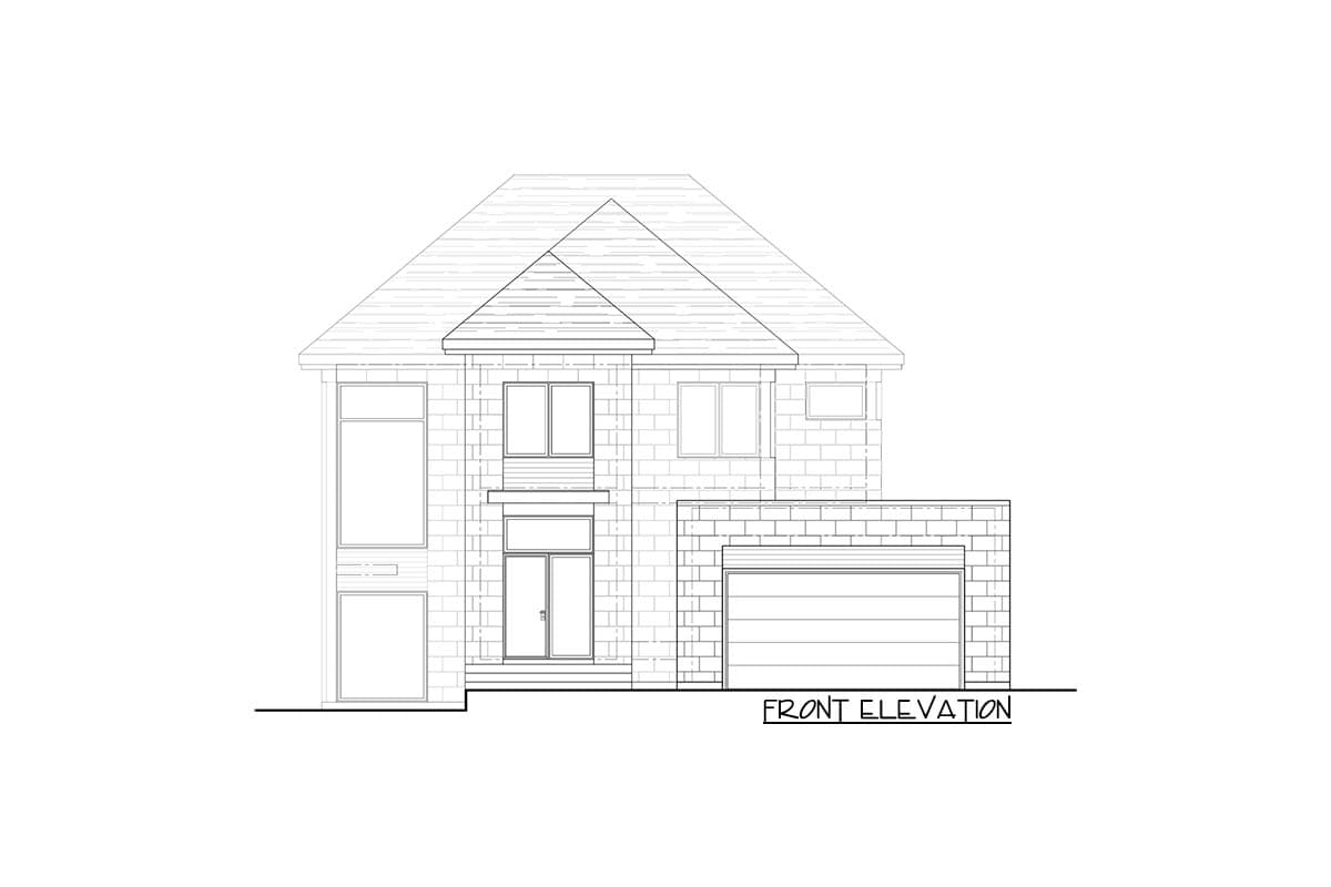 Front elevation drawing of a two-story house plan with a prominent gable roof, brick facade, and attached garage.