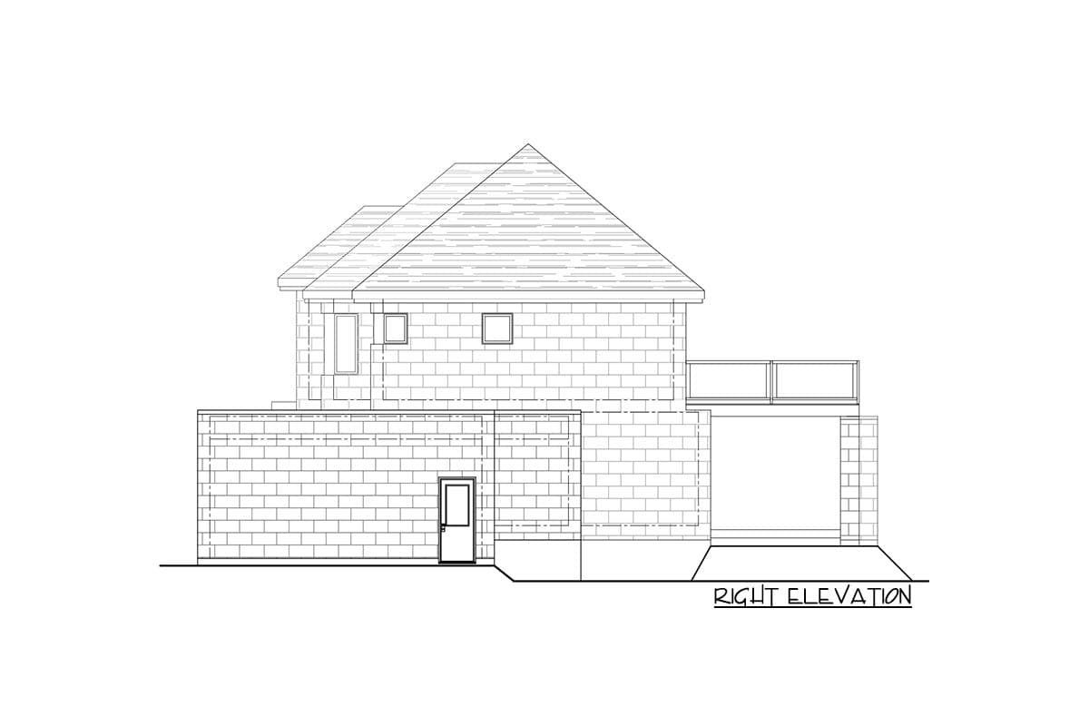 Right elevation house plan. Shows brick exterior, pitched roof, door, and deck.
