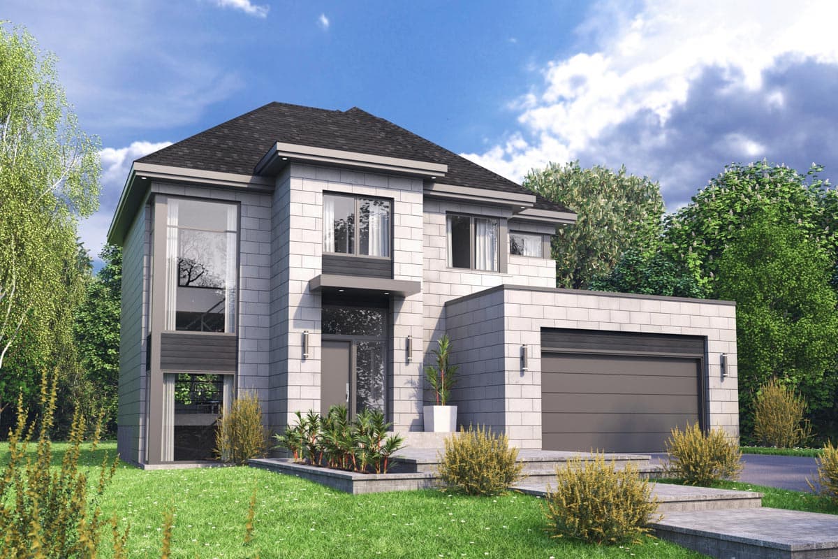 House plan exterior with two stories and a modern style. Features include a flat roof, large windows, and an attached garage.