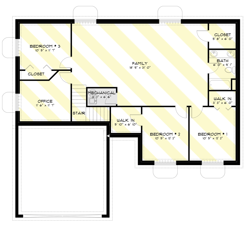 Plan 61439UT: 1495 Square Foot 3-Bed One-Story House Plan with Optionally Finished Basement - Floor Plan - Optionally Finished Lower Level - Ranch, Traditional