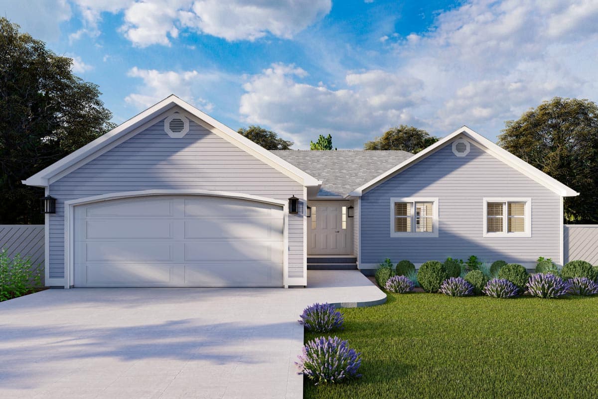 House plan exterior with two gables, attached garage, and a central entry. Features include a light blue siding and a concrete driveway.