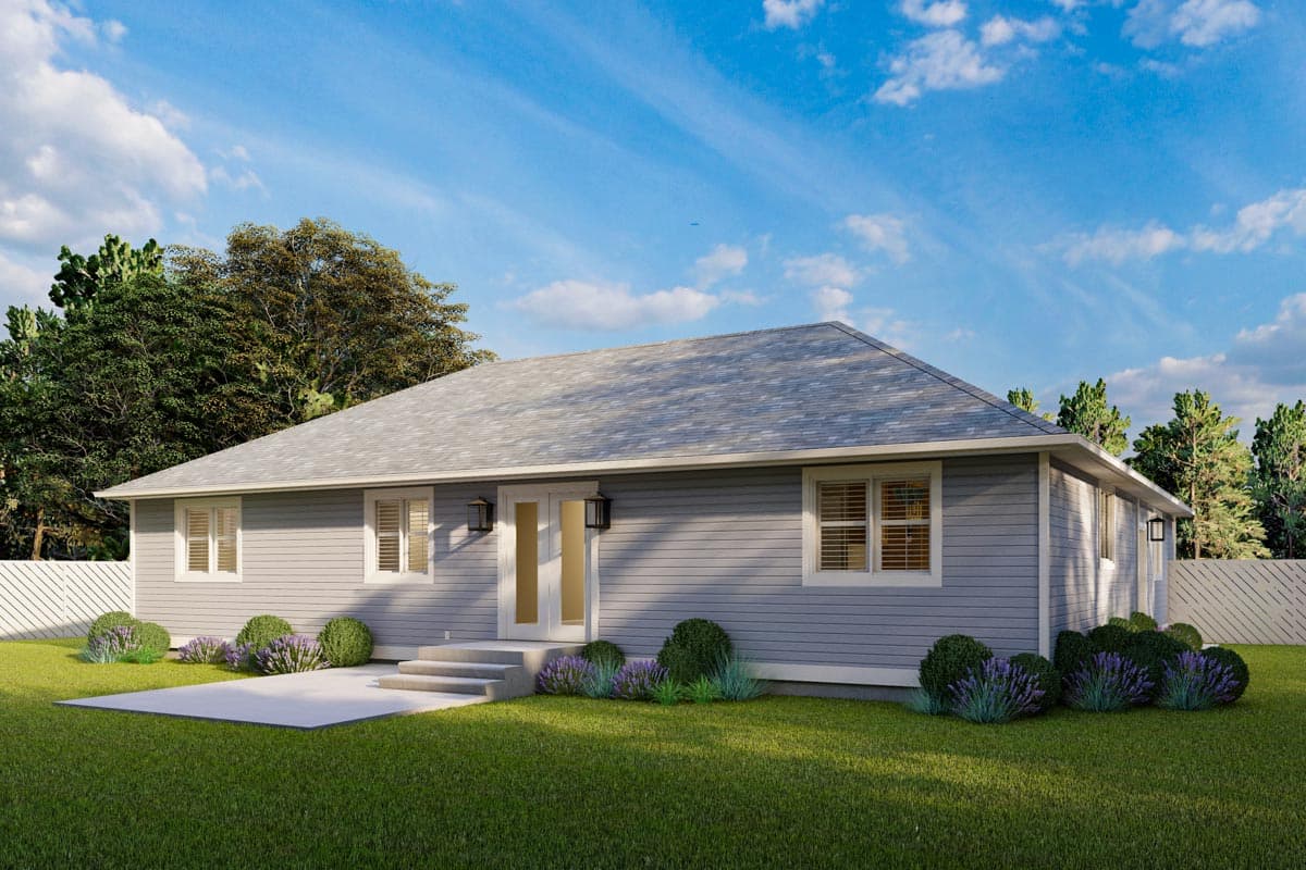 House plan exterior view of a single-story ranch home with a hipped roof, double doors, and two windows.