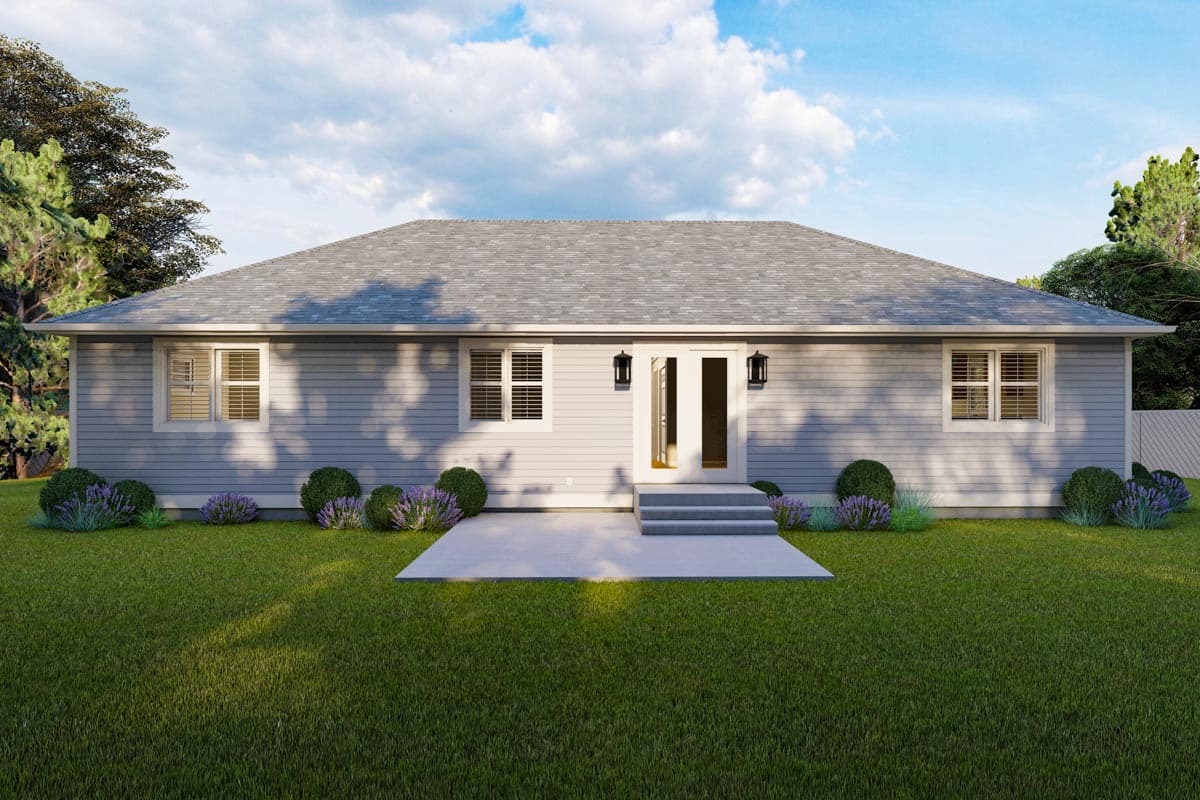 Ranch-style house plan exterior with symmetrical double doors, two windows, and a large, low-pitched roof.