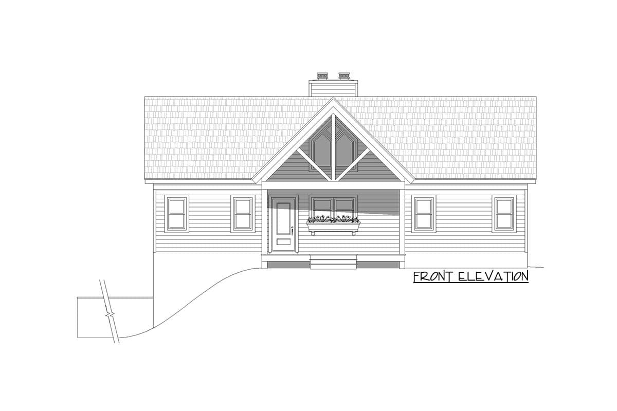 Front elevation drawing of a one-story house plan featuring a prominent gable with exposed rafters, covered porch, and two side windows.