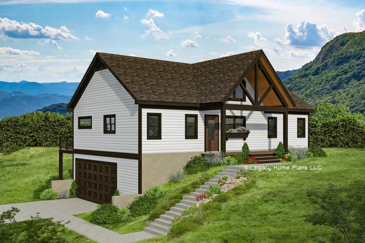 House plan exterior. Two-story home with Craftsman style. Features include a front-facing gable, a covered porch, and a detached garage.