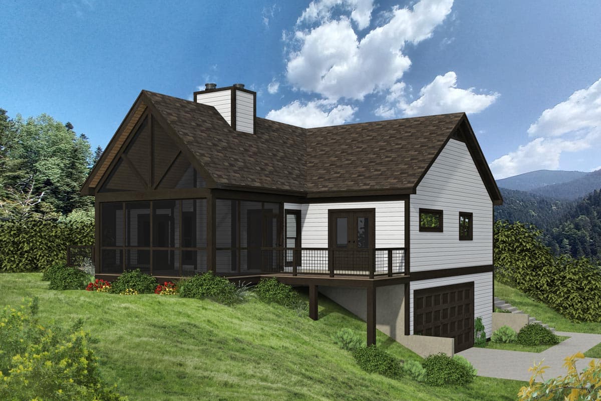 House plan exterior, two-story dwelling with a screened porch, gabled roof, and attached garage on a sloped lot.