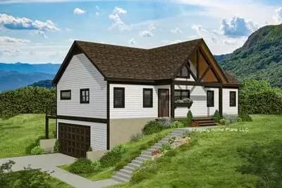 2-Bed Mountain Craftsman Plan with Vaulted Living Room and Kitchen