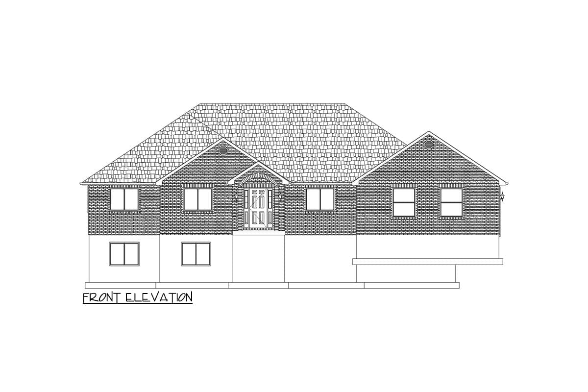 Front elevation drawing of a two-story house with brick exterior, prominent gables, and a central arched entryway with double doors.