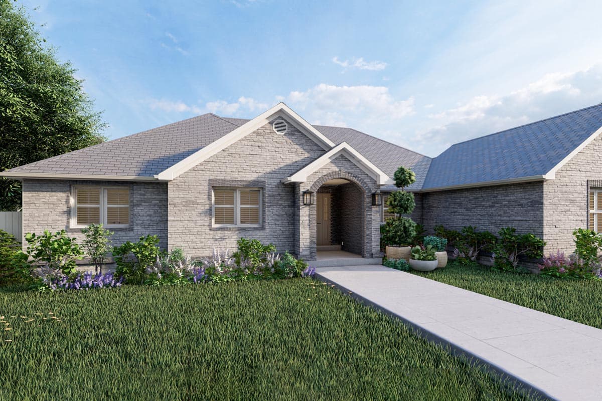 House plan exterior: One-story modern home with gray brick, arched entryway, prominent gables, and asphalt shingle roof.
