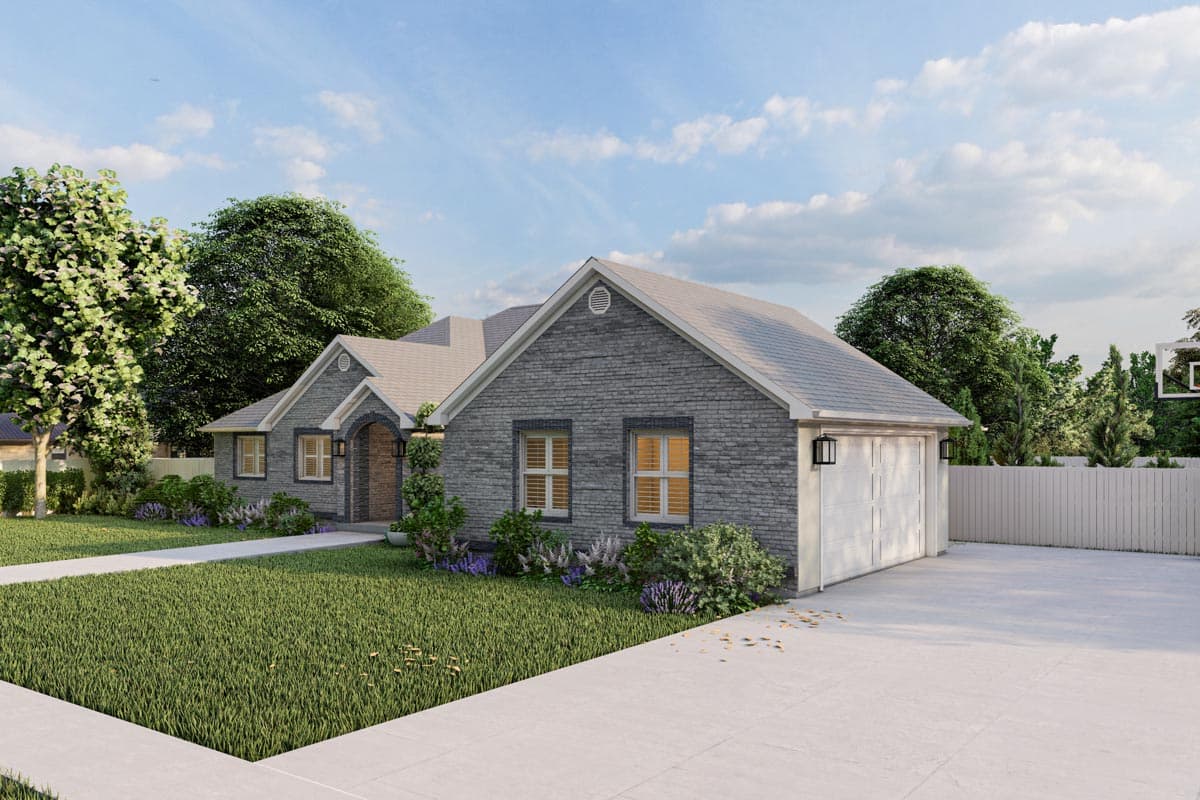 One-story Modern Farmhouse house plan exterior with brick facade, gabled roof, arched entryway, and two-car garage.