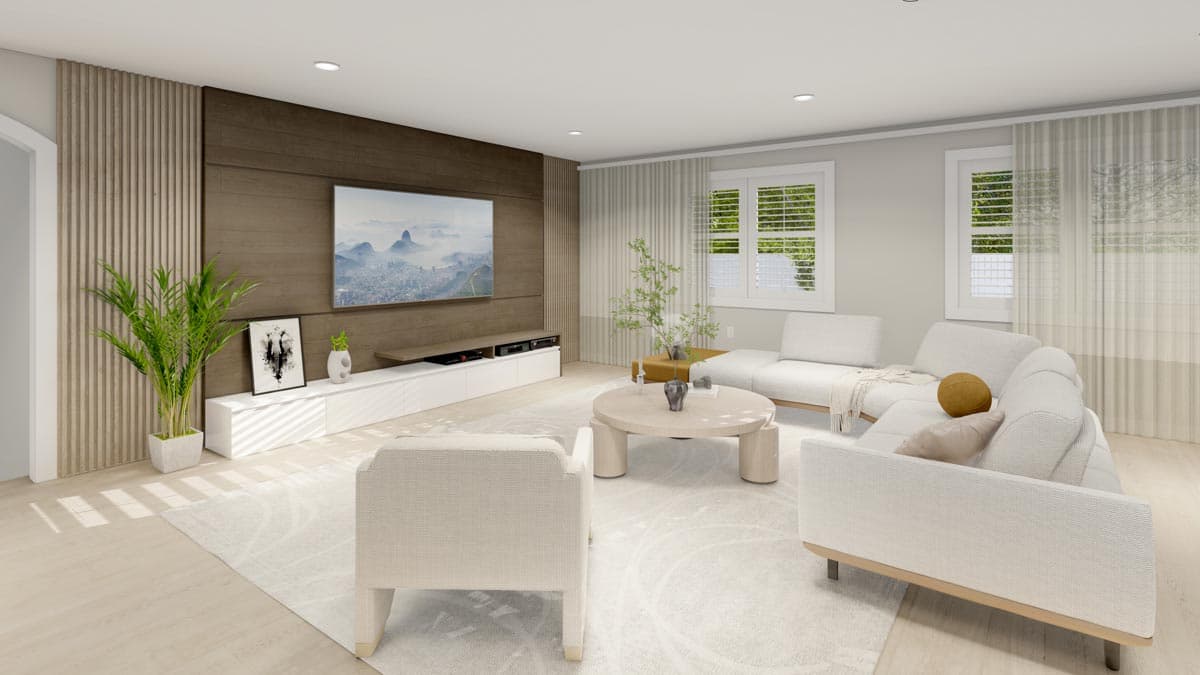 Living room with sectional sofa, accent chairs, media console, and large TV mounted on wood-paneled wall.