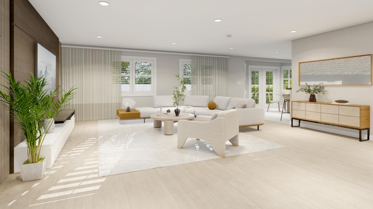 Interior rendering of a living room with sectional sofa, accent chairs, coffee table, and media console with a large television.