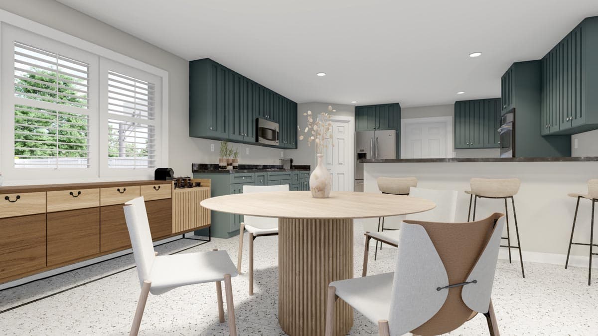 Rendering of an open kitchen and dining area with dark green cabinetry, a round dining table, and bar seating.