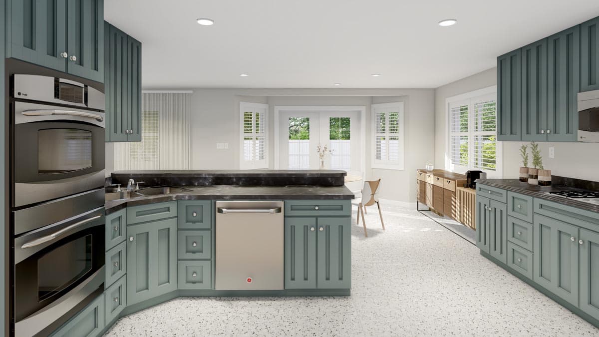 Kitchen with teal shaker cabinets, built-in double oven, stainless steel dishwasher, dark countertops, and breakfast nook with french doors.