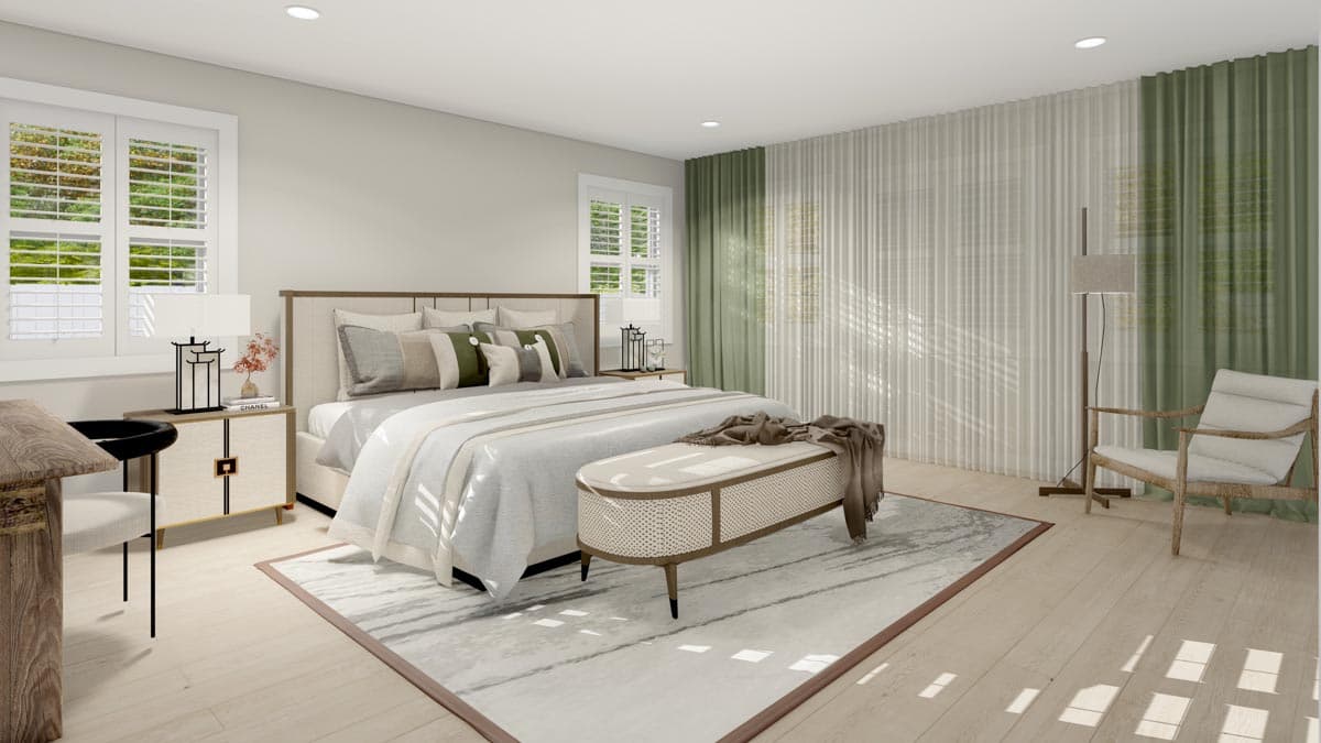 Primary bedroom rendering with king bed, bench, dresser, chair, and floor-to-ceiling curtains.