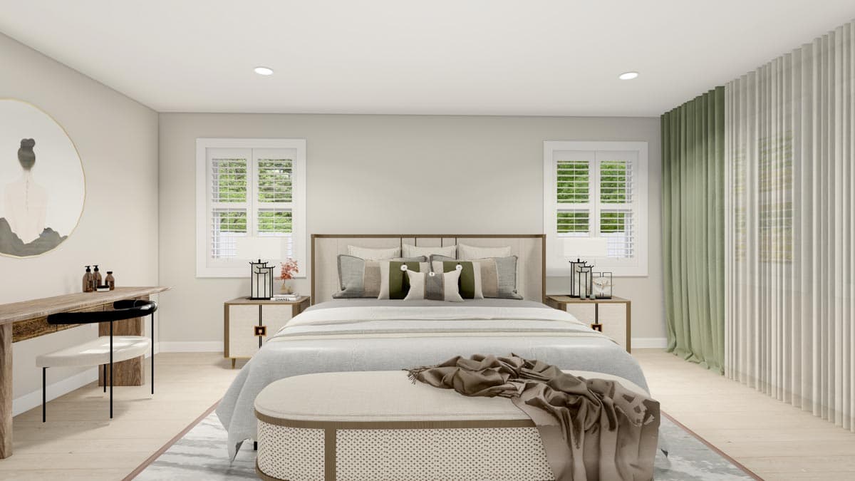 Bedroom rendering with a bed, nightstands, vanity desk, and twin windows with green drapery.