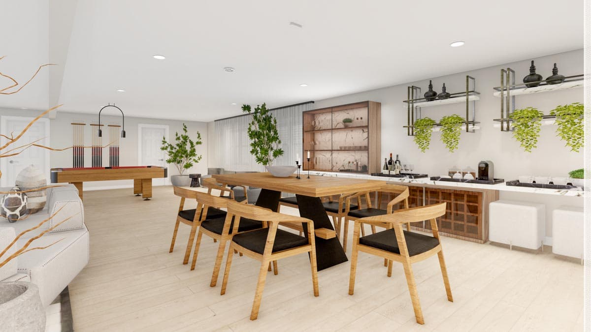 Rendering of a recreation room with dining table, chairs, pool table, and bar area.