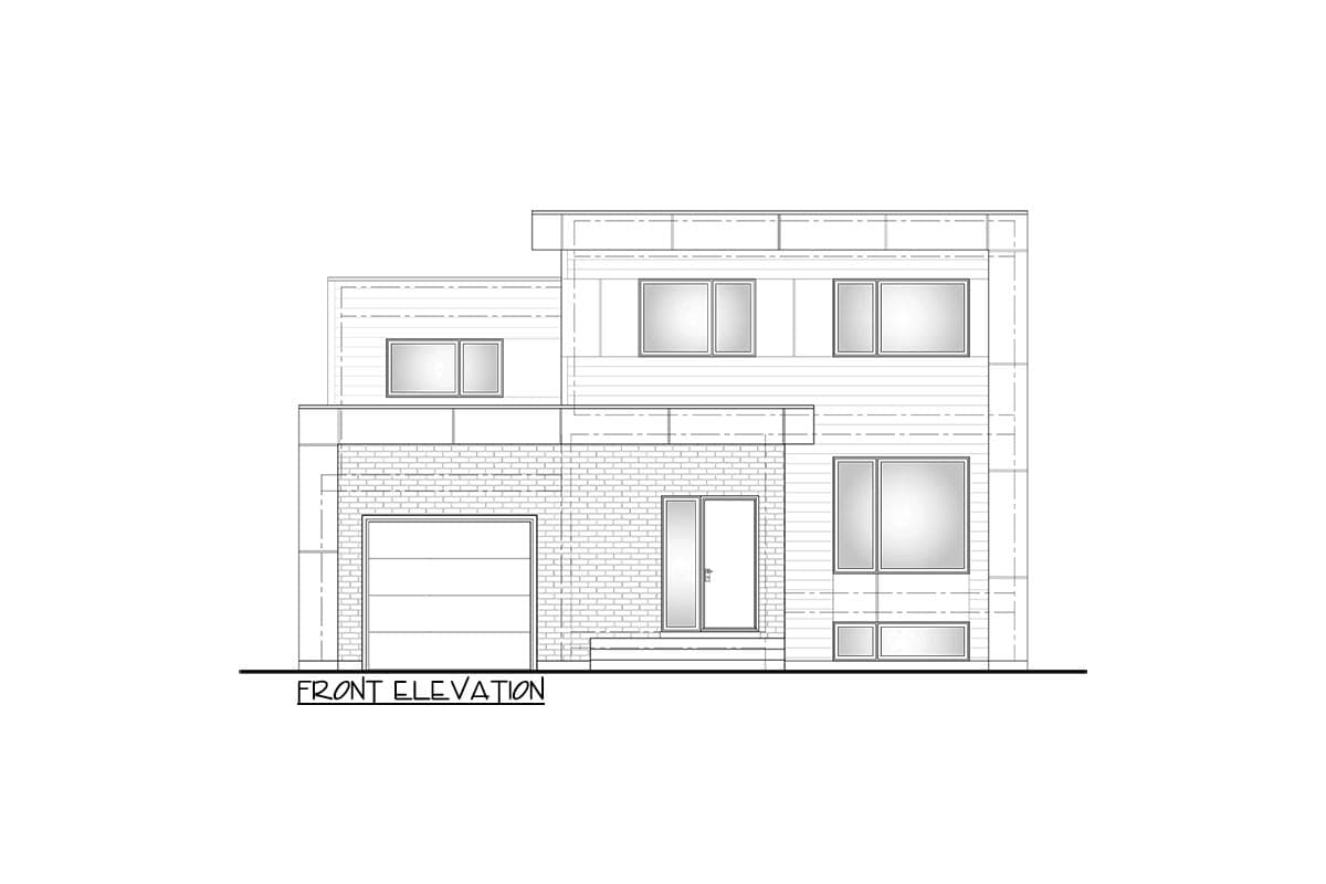 Front elevation drawing of a two-story modern house with a brick base, garage, and layered rooflines.