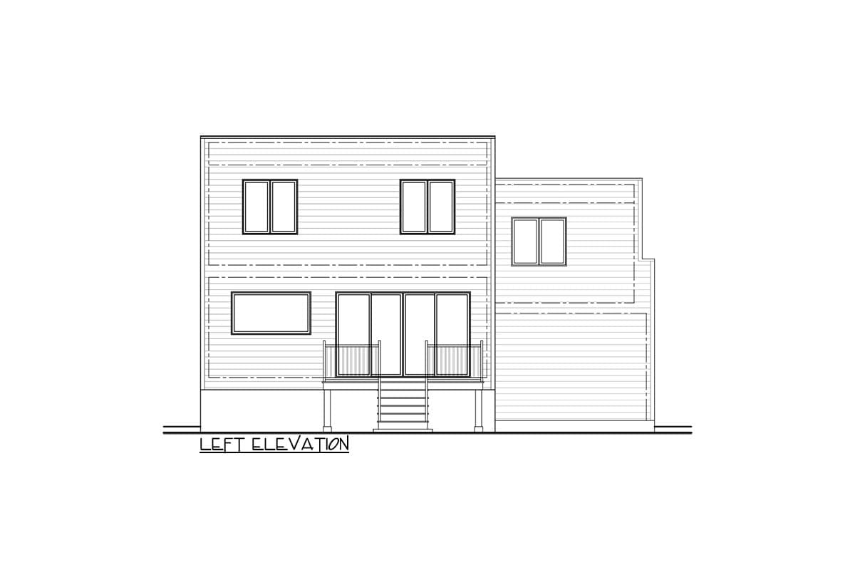 Left elevation house plan for a two-story home with horizontal siding, a deck, and multiple windows.