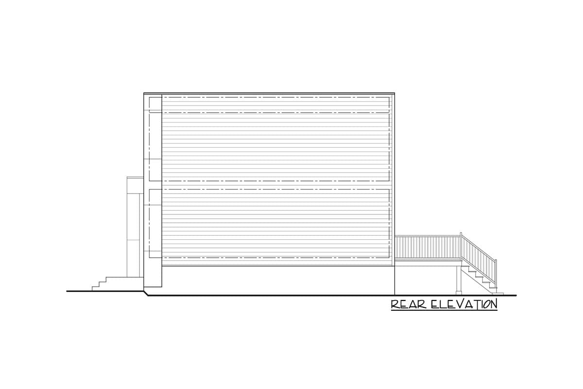 Rear elevation drawing of a two-story house with a deck and stairs.