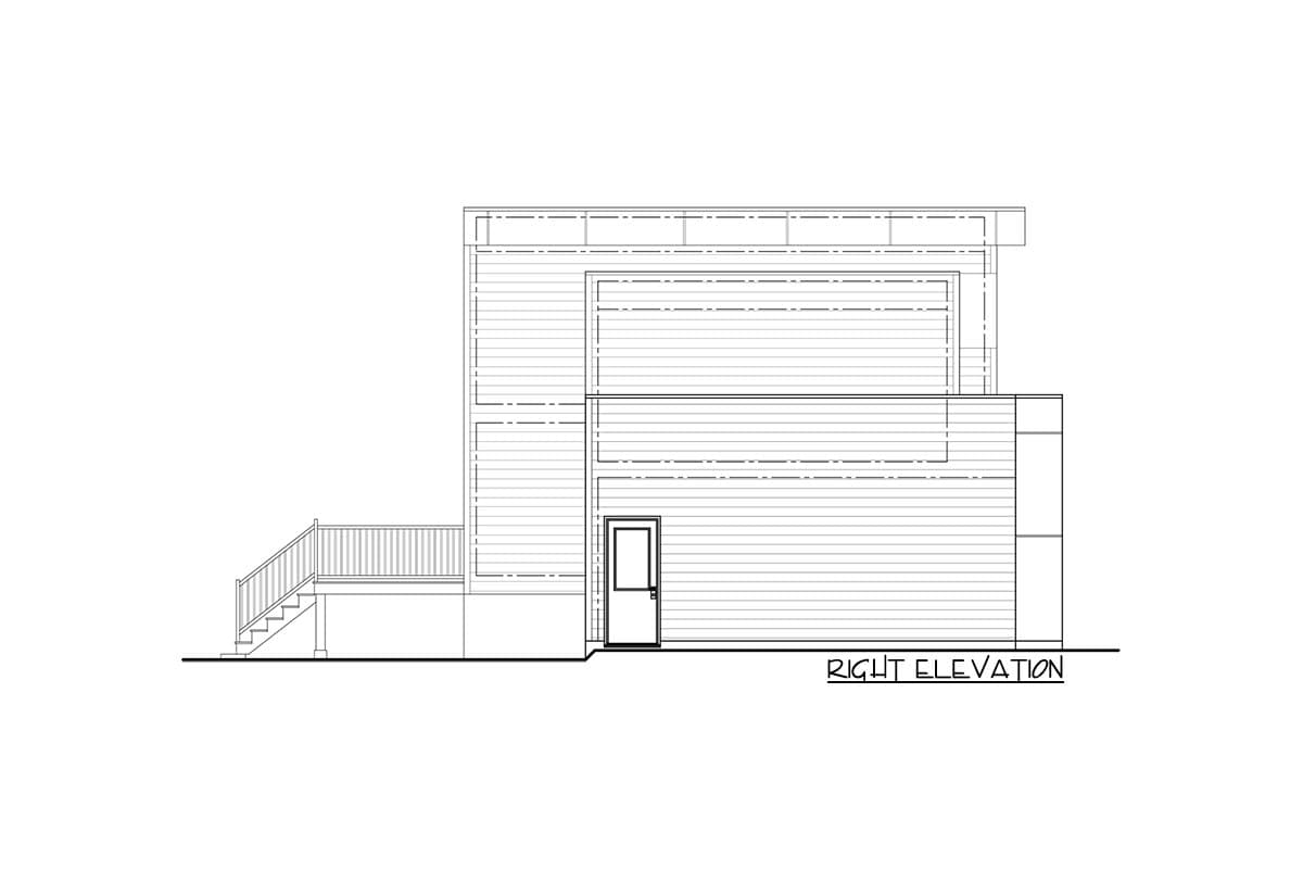 Right elevation drawing of a two-story house plan with a modern style, featuring horizontal siding, a door, and a deck with stairs.