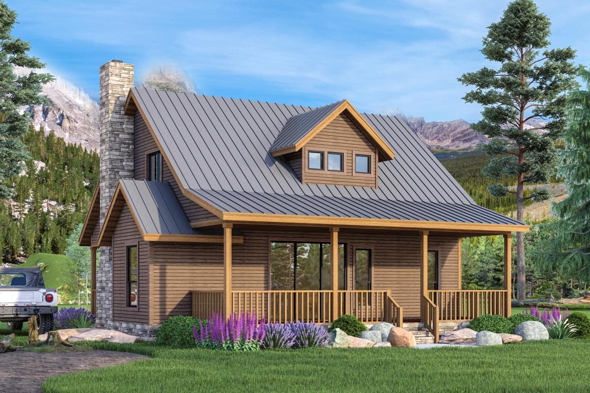 House plan exterior featuring a prominent stone chimney, covered porch with wood railings, and a dormer with three windows on a metal roof.