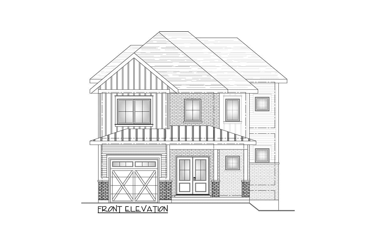 Front elevation of a two-story house plan featuring a gable roof, board and batten siding, brick accents, covered entry, and a two-car garage.