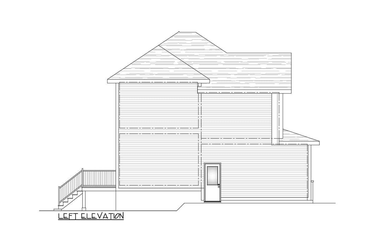 Left elevation drawing of a two-story house plan with a pitched roof, siding, a door, and a deck with stairs.